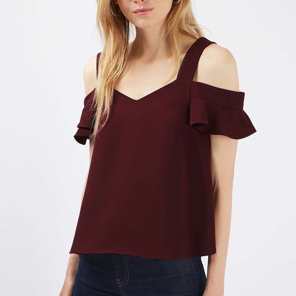 Topshop Burgundy Off The Shoulder Top